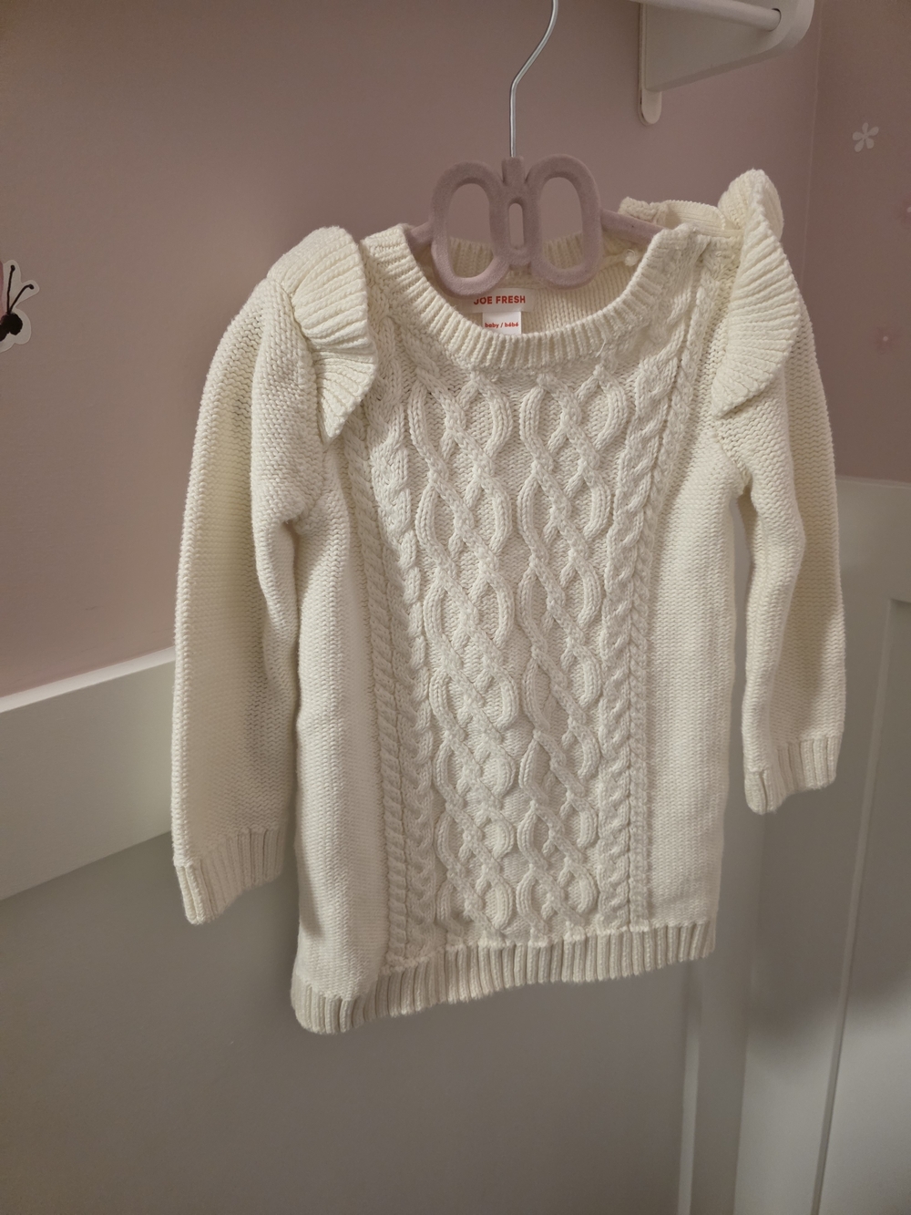 JOE FRESH Cream Cable-Knit Ruffle Shoulder Sweater